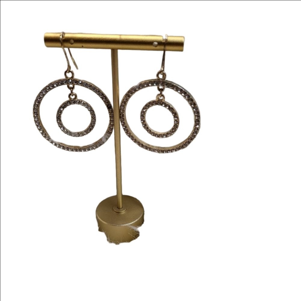 Gold Rhinestone Double Circle Drop Earrings